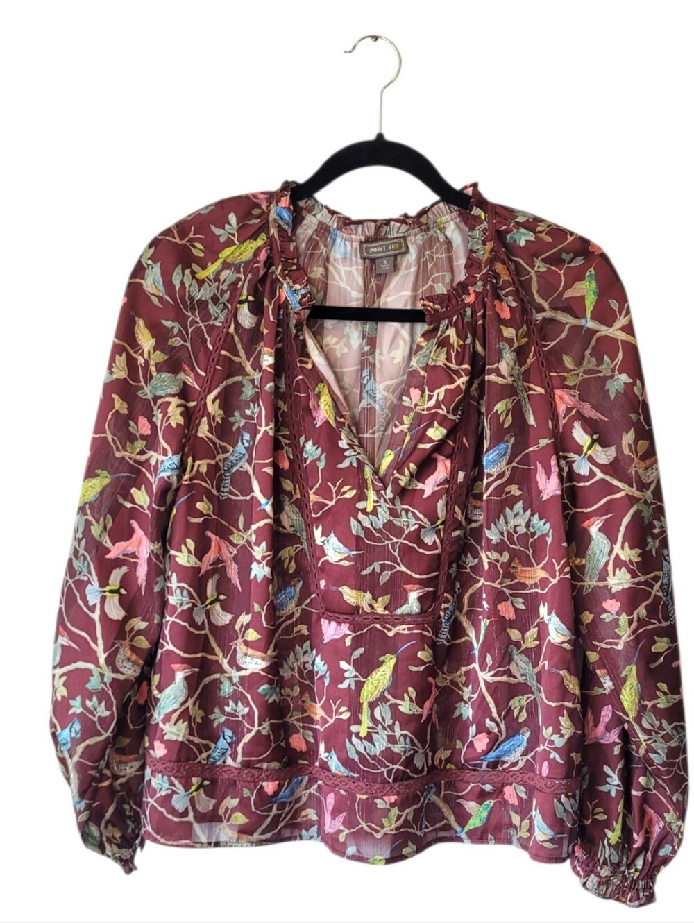 J.Crew Point Sur Menagerie Bird Ruffle-Neck Popover Blouse Size S